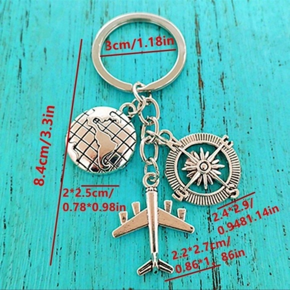 Plane Charm Keychain Silver Plated Compass Gift Globe Travel Airplane Aircraft - Picture 3 of 6